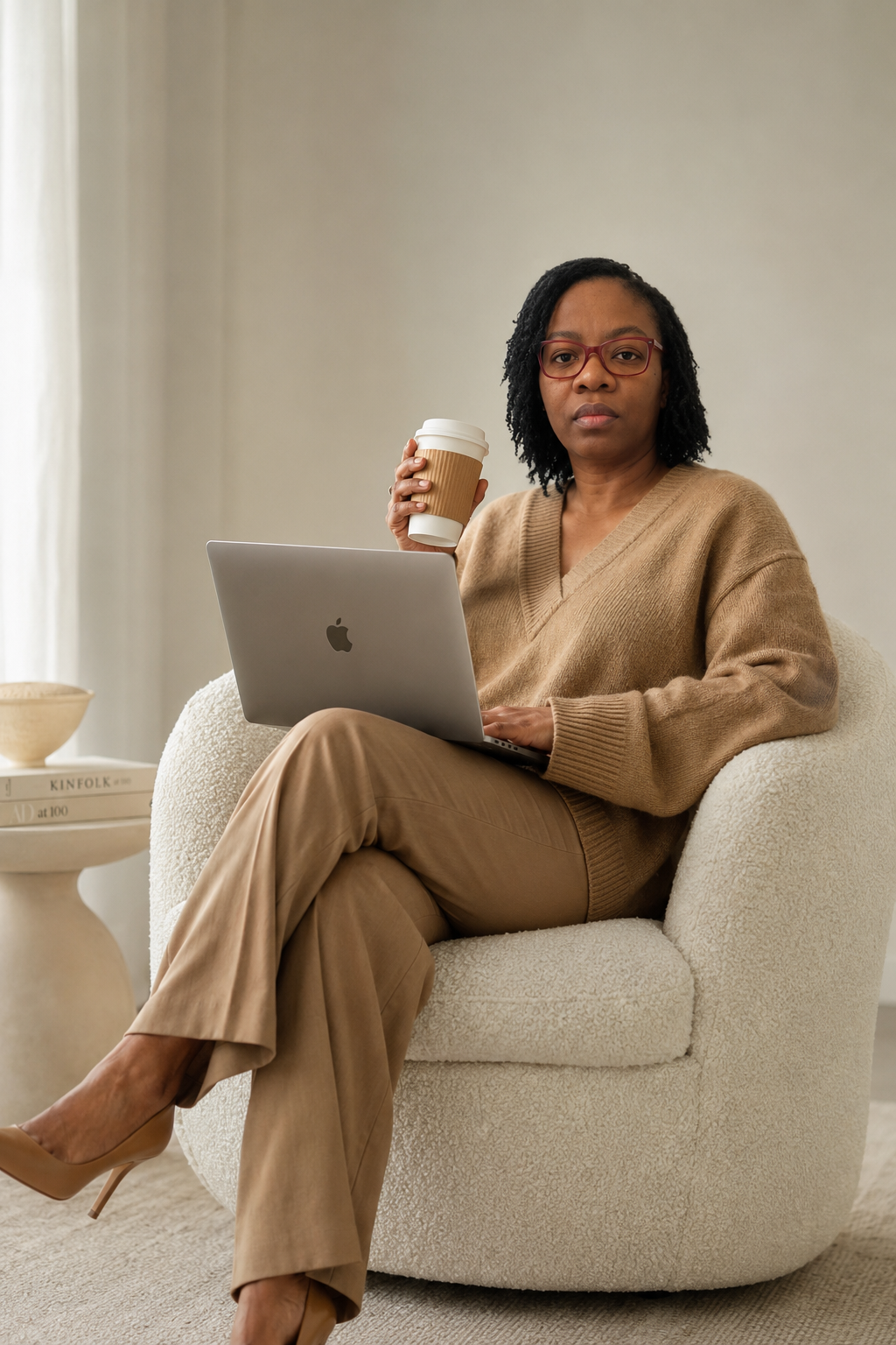 Portrait of Arlette Ngo Badjeck seated in a light-filled room with a laptop and a coffee cup